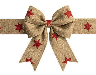 Rustic, close-up shot of a burlap bow adorned with red star shapes on a black background