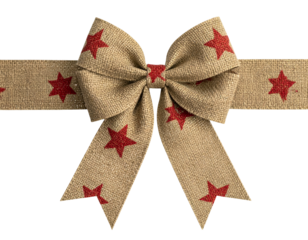 Rustic, close-up shot of a burlap bow adorned with red star shapes on a black background