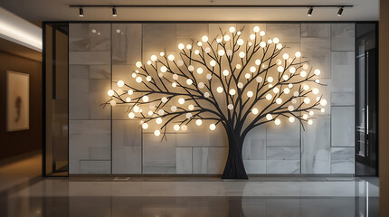 Illuminated Tree Design is a modern architectural wall art concept that integrates artistic design with contemporary aesthetics, serving as a striking decorative element in various interior spaces.
