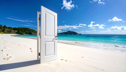 White door opening onto a beach with white sand and clear ocean