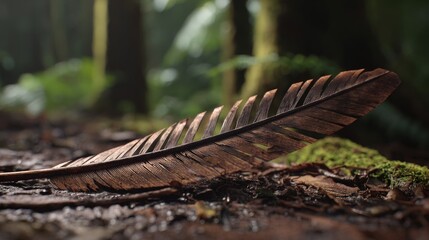 Detailed microscopic view of an intricate brown owl feather resting on the forest floor amidst natural textures and soft bokeh.