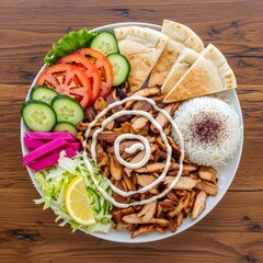 Delicious middle eastern style shawarma plate with vegetables and pita bread