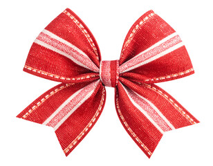 Close-up of a festive red bow, featuring white stripes and delicate stitching on a black background