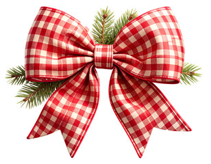 Red checkered bow with evergreen branches, perfect for Christmas or gift-giving