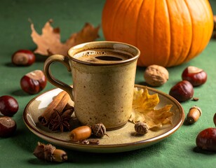 Coffee in a mug with fall decor pumpkin, chestnuts, walnuts, cinnamon on green backdrop