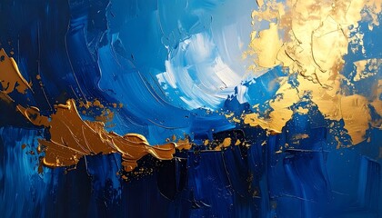 Textured abstract artwork displaying swirling blues, whites, and shimmering gold leaf accents, creating a vibrant, dynamic piece