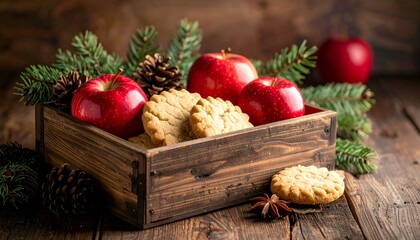 Rustic wooden box filled with red apples, cookies, pinecones, and evergreen boughs