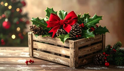 Rustic Christmas arrangement in wooden crate with holly, bow, pine cones, and festive decor