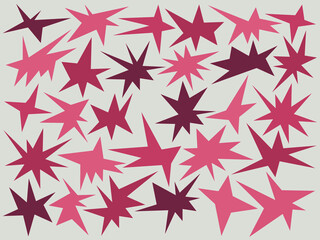 Obraz premium Seamless abstract pattern with scattered starburst shapes in shades of pink and burgundy on a light background. Playful retro-inspired design with dynamic geometric stars, perfect for wallpapers.