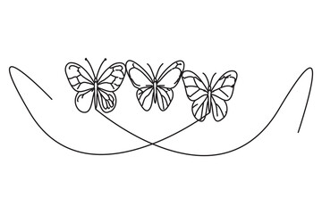 Minimal continuous one stroke drawing illustration of three butterflies flying together in a row