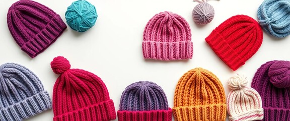Flat lay beanie hat knitting pattern template, various sizes, fashion, hat