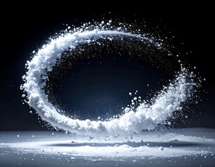 White powder swirling in an abstract circular pattern against a dark backdrop