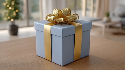 Elegant Blue Gift Box with Golden Ribbon and Bow on Wooden Table in Modern Interior