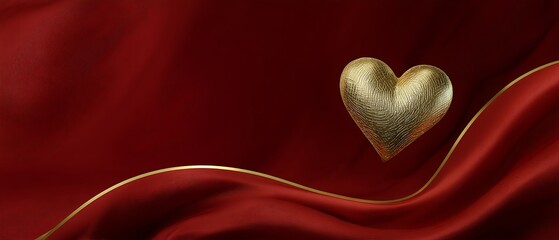 Golden Heart on Luxurious Red Silk Fabric with Elegant Curve Accent