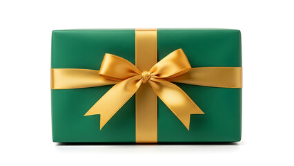 Elegant green gift box with golden satin ribbon and bow, isolated on a clean white background, perfect for celebrations and holidays.