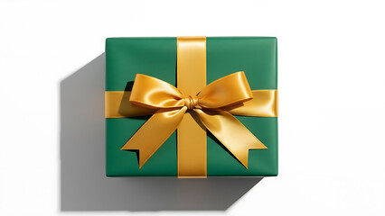 Elegant green present with gold ribbon and bow on white background, top view for holidays and celebrations