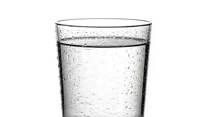 Refreshing clear glass of cold water with condensation droplets on a pristine white background