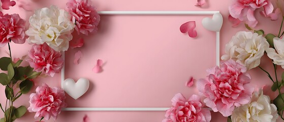 Floral Frame with Hearts on Pink Background for Romantic or Wedding Designs