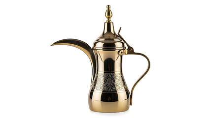Traditional Golden Arabic Dallah Coffee Pot with Ornate Engravings on White Background