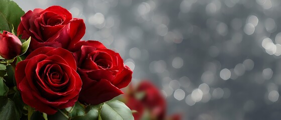 Fresh Red Roses with Green Leaves Against Blurred Silver Background Texture