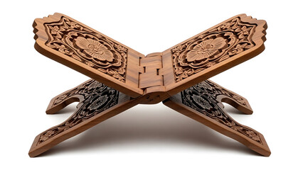 Intricately Carved Wooden Book Stand | Ornate Religious Lectern on White Background
