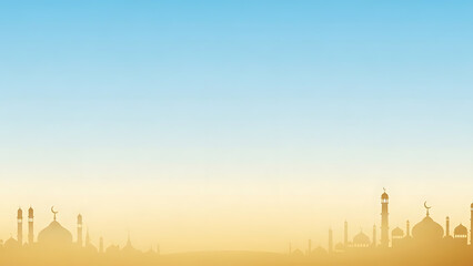 Islamic City Skyline Silhouette with Mosques Against Gradient Blue and Desert Sky. Ramadan Kareem or Eid Mubarak Background.