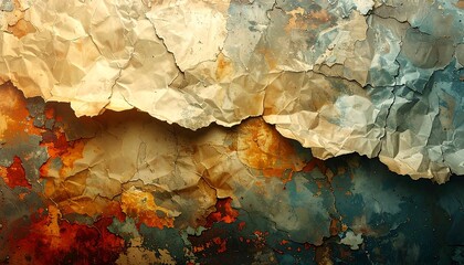 Textured artwork depicting torn paper atop a weathered surface, showcasing a blend of warm and cool tones with a dramatic crack