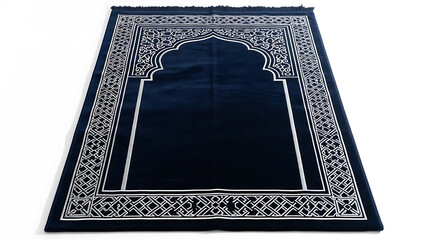 Luxurious Dark Blue Islamic Prayer Rug with Intricate Silver Geometric and Arch Patterns on White Background
