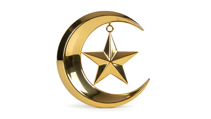 3D Render of Golden Crescent Moon and Star Religious Symbol