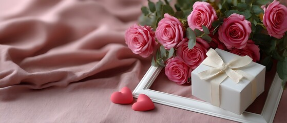 Beautiful Bouquet of Pink Roses with Gift Box and Decorative Frame on Soft Fabric