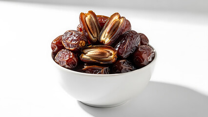 Sweet, Dried Dates in a White Ceramic Bowl, with a Halved Date Showing the Pit and Inner Flesh on White Background