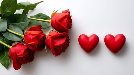 Romantic arrangement of red roses and heart shapes on a clean white background