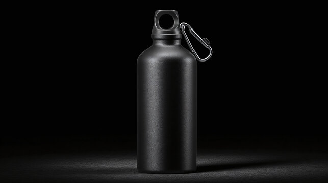 Sleek black water bottle, perfect for hydration on the go, isolated against a dark backdrop. The bottle features a metallic carabiner and a minimalist design.
