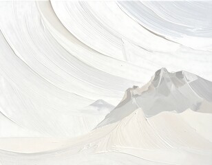 Textured artwork showcasing a snow-covered mountainous landscape rendered with broad, layered brushstrokes in muted white tones