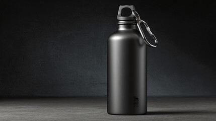 A modern metal water bottle, perfect for hydration and outdoor activities. It has a sleek design with a practical carabiner clip attached