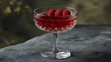 Elegant Cocktail with Raspberries in Crystal Glass on Dark Marble Surface