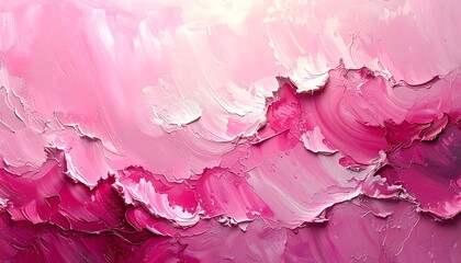 Textured artwork showcasing a gradient of pink hues, from light to deep magenta. Thick brushstrokes create a dynamic, sculptural effect