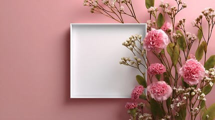 Elegant Floral Arrangement with Pink Flowers and Blank Square Frame on Pink Background