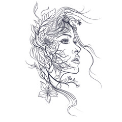 Fashion vector lined beautiful fairy nymph in elegant style, portrait with flowers and branches