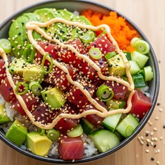 Delicious poke bowl with tuna avocado cucumber and sesame seeds