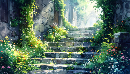 緑に覆われていく階段_generated by AI