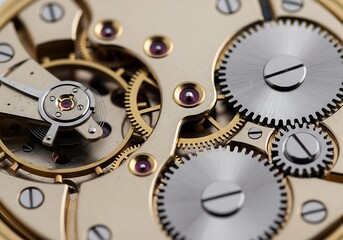 Intricate mechanical watch movement with gears and jewels closeup with precision and horology and timepiece