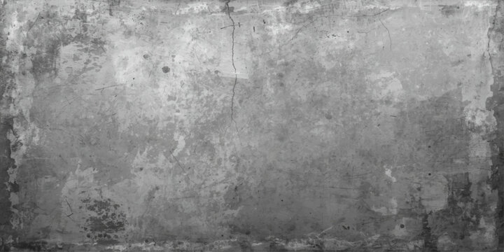 A dark and dirty grunge metal wall background features a rough grey concrete texture with a vintage black cement pattern on an old weathered stone surface for a blank industrial design backdrop