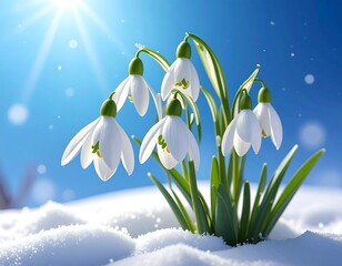 White snowdrop flowers blooming in a snowy field against a clear blue sky