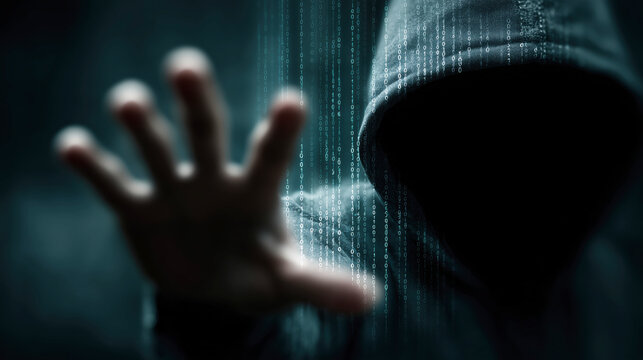 Mysterious Figure in Hood with Binary Code Background Depicting Cybersecurity and Technology - Powered by Adobe