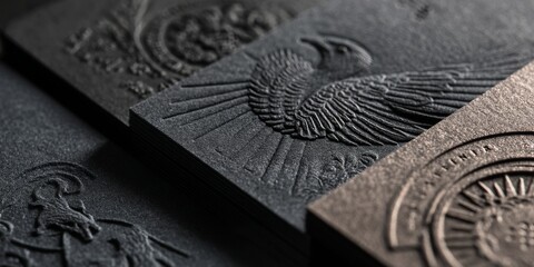Close-up of embossed metal plates with intricate religious and symbolic designs, showcasing detailed craftsmanship and texture.
