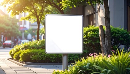White square sign amidst greenery, street scene background, sunny day