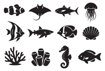 Simple silhouette marine life icon set featuring various fish, sea creatures, and coral for ocean themed graphic design