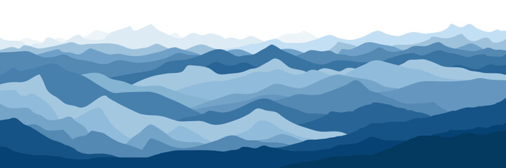 Vector illustration of mountains, silhouette ridges in the morning haze, mountain gradient, panoramic view