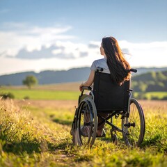Woman in wheelchair looks out onto a golden field